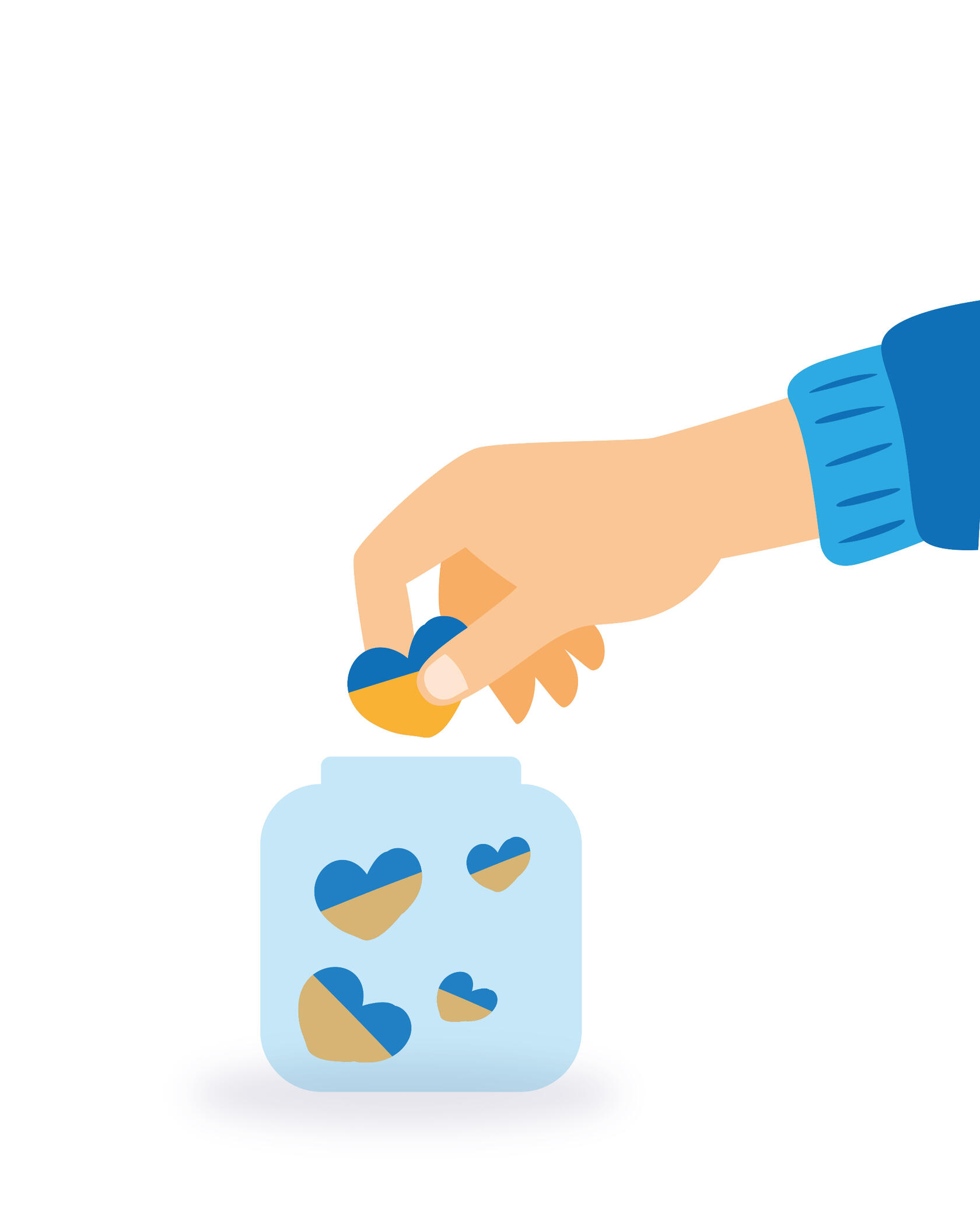 A cartoon hand in a long-sleeved sweater dropping a single blue-and-orange heart into a donation jar.