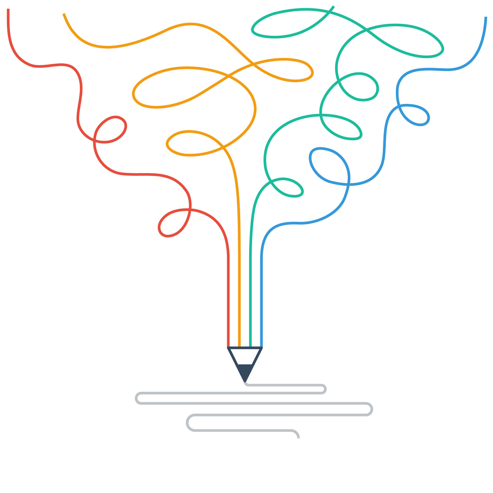 A stylized pencil made of red, orange, green, and blue lines expanding upwards into a cloud of looped lines. The pencil is writing interconnected gray lines below it.